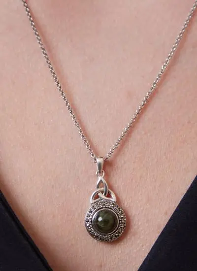 Sterling Silver & Connemara Marble Trinity Knot Pendant with Marcasite 